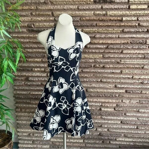 Positively Ellyn Vintage Black White Floral Halter USA Made Skater Dress